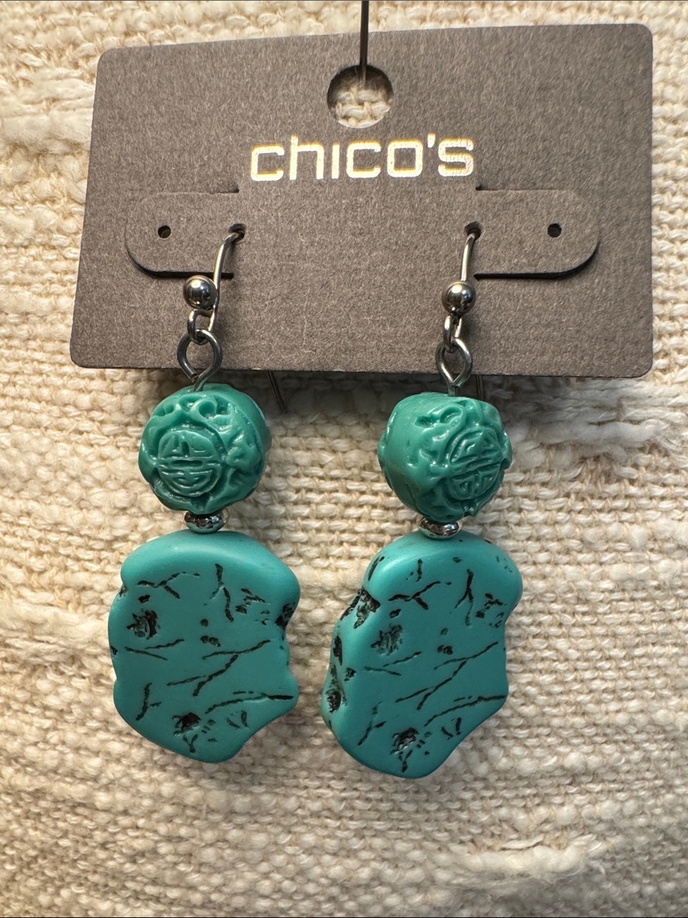 0040-Chico's Teal Turquoise Dangle Earrings with Carved Beads